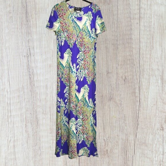 Vintage CAROLE LITTLE Street Wear USA Purple Green Floral Maxi Shift Dress - Picture 7 of 7